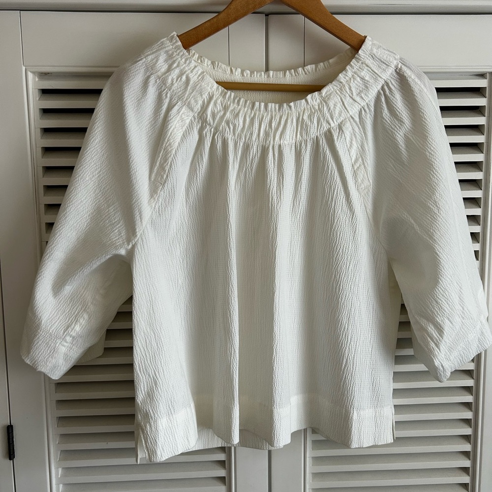 EVERLANE‎ NWOT The Seersucker Gathered Tee in White L